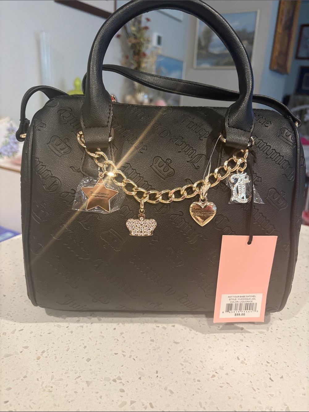 Juicy Couture Black Satchel with Gold Charm Chain